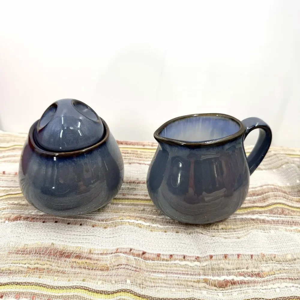 Sango Visions Eggplant Blue with Brown Rim Ceramic Creamer & Sugar Set